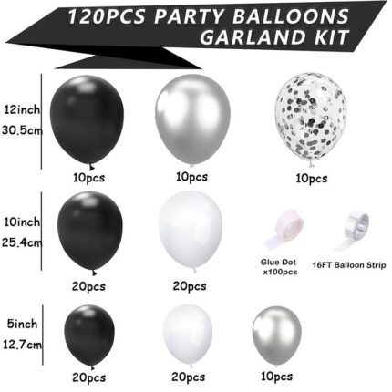 120 styk ballong garland arch kit med konfetti - Svart og sølv